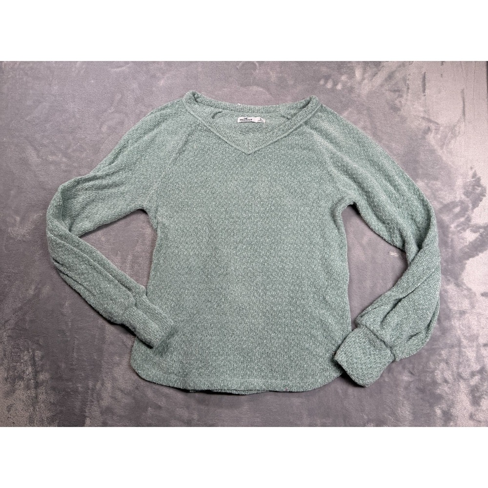 Hollister Sweater Womens Small Green V Neck Balloon Sleeve Ribbed Tight Knit